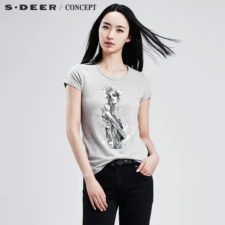 sdeer圣迪奥2018夏季酷感朋克风胶印人物装饰圆领T恤S16280199图片