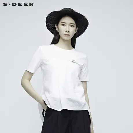 sdeer圣迪奥女装夏季学院风拼接A字白色短袖T恤娃娃衫S20280130图片