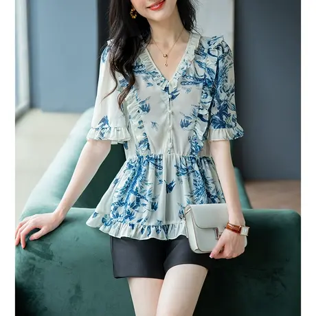 宝诗黎V领钉珠木耳边碎花雪纺衫女短袖2025新款宽松套头衬衣夏装图片