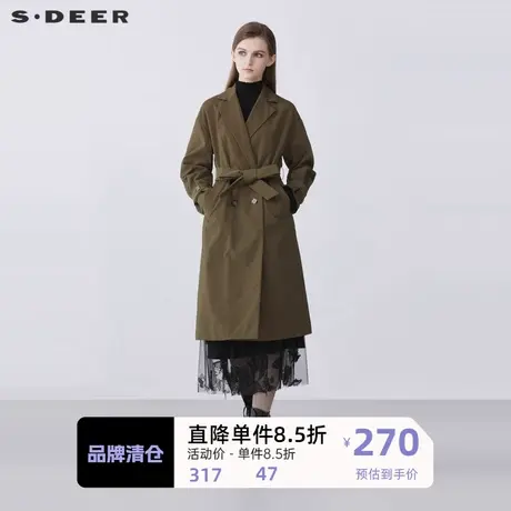 sdeer圣迪奥女装西装领双排扣暗条纹收腰长款风衣S21361803图片