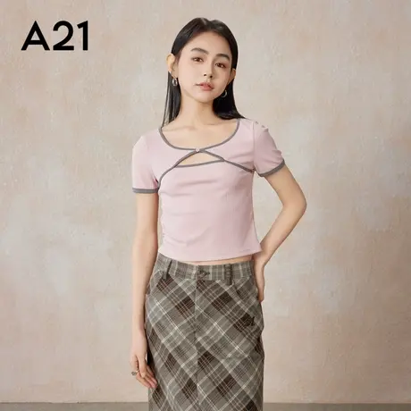 A21女装针织显瘦V领短袖T恤女生夏季设计感短款破洞打底衫上衣图片