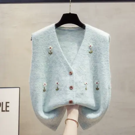 手工花开衫v领针织马甲背心女2025春秋新款宽松外穿马夹毛衣坎肩图片