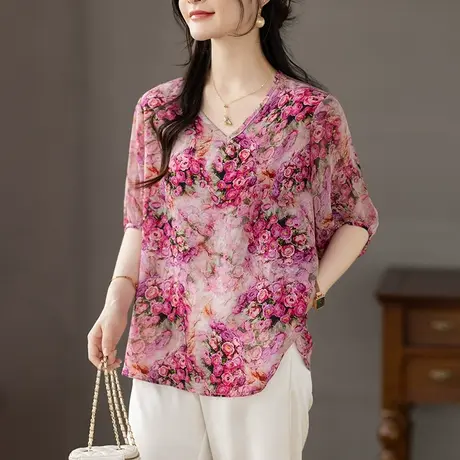雪纺衫女短袖夏季新款加大码女装宽松中年妈妈高级感V领碎花小衫商品大图