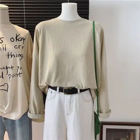 纯色简约风长袖T恤女春秋季百搭韩版宽松显瘦纯棉插肩袖上衣ins潮图片