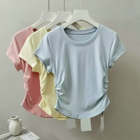 ins超火褶皱收腰短袖T恤女夏季修身韩版短款小个子圆领正肩上衣潮商品大图