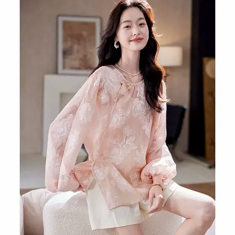 宝诗黎蝙蝠袖印花镂空雪纺衫2025夏季气质新中式百搭减龄小衫女商品大图