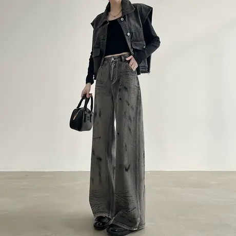 废土风扎染阔腿牛仔裤女夏季薄款黑灰色美式复古高腰宽松直筒裤子图片