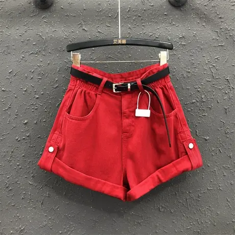 红色高腰休闲牛仔短裤女装2025夏季百搭时尚宽松A字卷边阔腿热裤商品大图