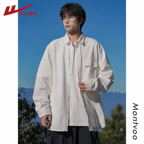 回力350G重磅纯棉长袖衬衫男士春秋季宽松翻领打底高级感白色衬衣图片