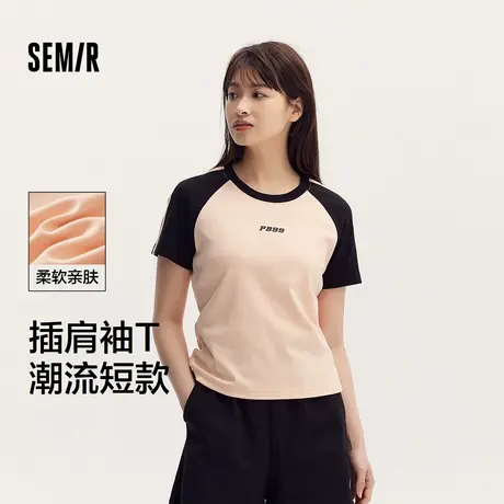 森马短袖T恤女短款圆领撞色插肩袖复古夏季图案修身上衣小个子潮图片