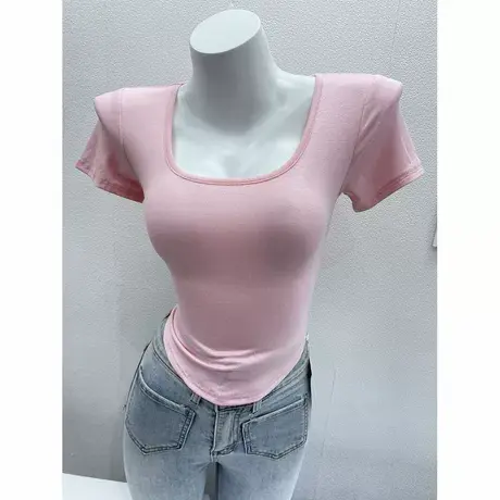 赚足回头率！气质U领显胸大短袖T恤女修身百搭性感短款体恤衫上衣图片