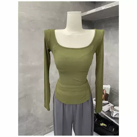 巨显身材～ins韩国方领修身长袖t恤女性感短款打底衫上衣潮2021商品大图