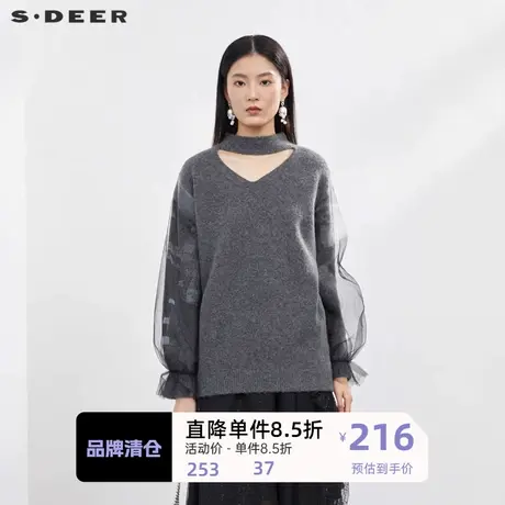 sdeer圣迪奥女装罗纹圆领镂空网纱长袖针织衫S224Z3524🎄商品大图