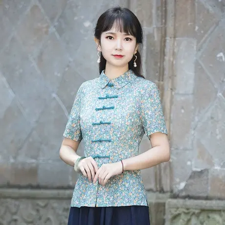 筠雅唐装女装中国风改良旗袍上衣夏季2025年新款修身显瘦短袖茶服商品大图