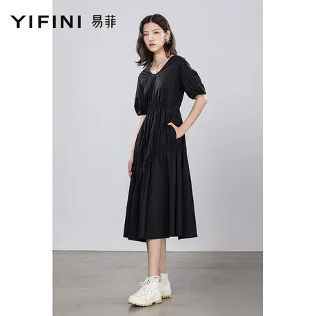 Yifini/易菲黑色短袖中长款V领连衣裙女夏季新款宽松A字裙图片