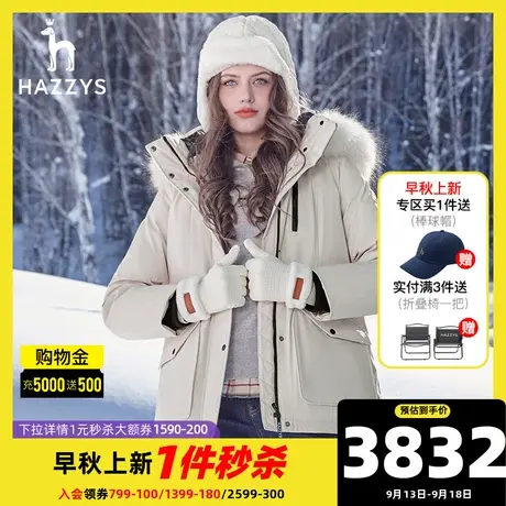 【短款鸭绒】Hazzys哈吉斯户外连帽羽绒服女士冬季保暖毛领外套商品大图