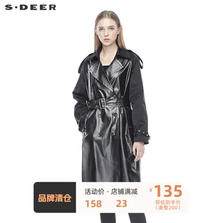 sdeer  🍄圣迪奥女装翻领双排扣创意拼接收腰纯黑大衣S19381849商品大图