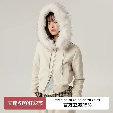 omont蛋挞家复古仿貉子毛领连帽开衫卫衣冬季修身长袖短外套商品大图