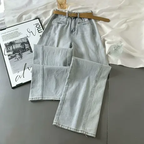 假口袋设计浅色牛仔裤女韩版春季新款时尚宽松阔腿裤窄版直筒裤子商品大图