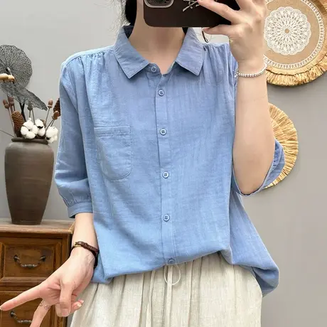 夏季韩版文艺小清新双层棉纱中袖白衬衫女宽松休闲五分袖上衣百搭商品大图