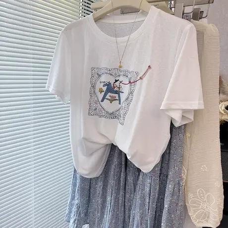 凉爽复古立体装饰设计感雪花棉短袖T恤女薄 白色藏蓝色短袖体恤商品大图