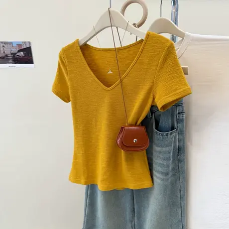 褶皱肌理感V领正肩短袖T恤女夏季修身显瘦小个子短款半袖辣妹上衣商品大图