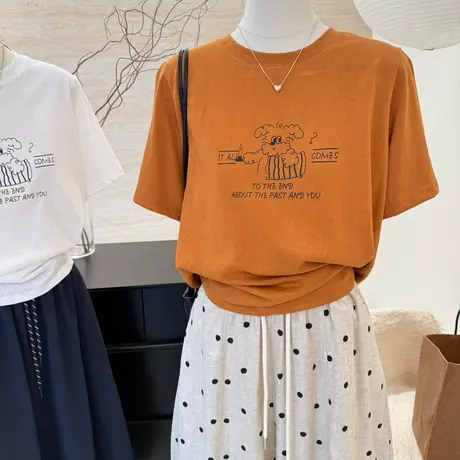2025年夏季时尚韩系百搭卡通印花字母短袖t恤女圆领洋气体恤上衣商品大图