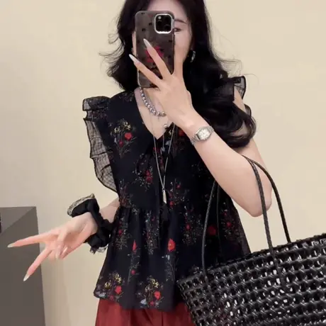 设计感小众碎花飞飞袖V领衬衫女2025夏新款别致减龄漂亮显瘦上衣商品大图