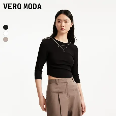 Vero Moda奥莱T恤女夏季新款圆领七分袖弧形下摆修身气质上衣长袖图片