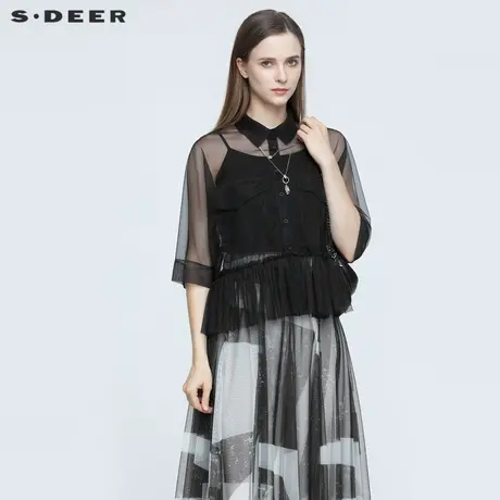 sdeer圣迪奥夏装翻领网纱抽褶花边中袖短款衬衫S21260417图片