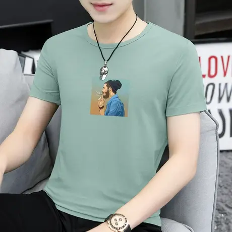 莫代尔男士短袖t恤夏季圆领上衣服冰丝速干凉感半袖潮牌印花体恤商品大图