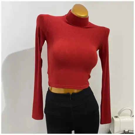 版型chao好！复古半高领性感微透打底衫短款长袖露脐T恤2021新款图片