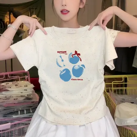 甜美风彩虹波点褶皱收腰短款t恤女新款夏季高腰洋气减龄短袖上衣商品大图
