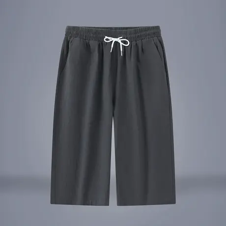 夏季纯色亚麻松紧系带八分裤透气舒适棉麻布料休闲裤直筒百搭男裤图片