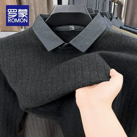 罗蒙毛衣男2025新款冬季假两件衬衫领舒适条纹男款针织打底衫上衣图片