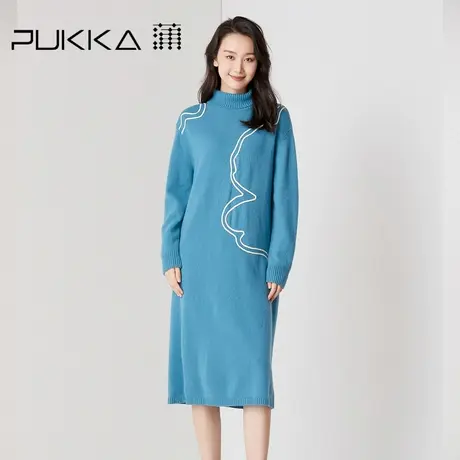 蒲PUKKA 连衣裙女条纹高领纯羊毛连衣裙秋冬季中长款长裙商品大图