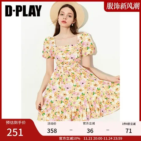 DPLAY夏新度假氛围感粉调水彩花卉方领绑带蝴蝶结大摆蓬蓬裙商品大图