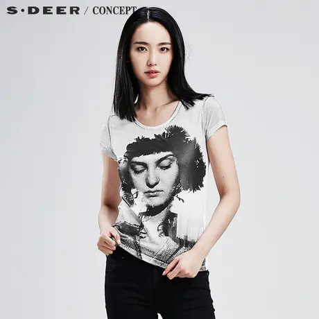 sdeer圣迪奥女夏趣味人物印花短袖T恤S16280117图片