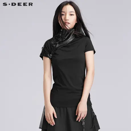 sdeer圣迪奥时尚酷感皮质装饰短袖T恤女夏立领打底衫潮S16280129图片