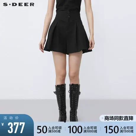 sdeer圣迪奥2021冬装新品高腰压褶不规则黑色A字短裤女S21480918图片