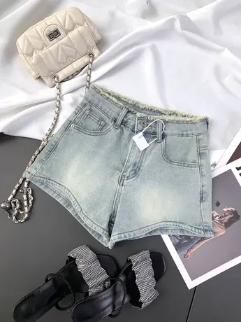 韩版复古磨白毛边牛仔短裤2024年新款显瘦百搭高腰弹力包臀辣妹裤商品大图