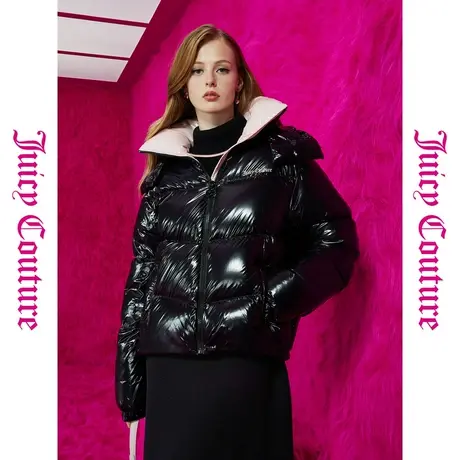 Juicy Couture橘滋春夏新款外套印花黑色亮面时尚短款羽绒服女图片