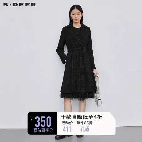 sdeer圣迪奥女装翻领肌理格纹收腰网纱冬季毛呢大衣S223Z1853图片