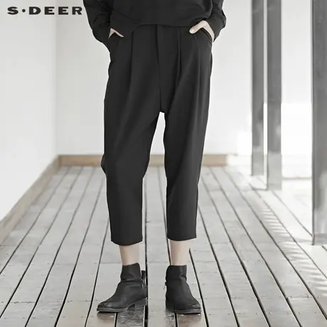 sdeer 圣迪奥休闲褶裥纯黑吊裆九分裤烟管裤子高街ins潮S19460812图片