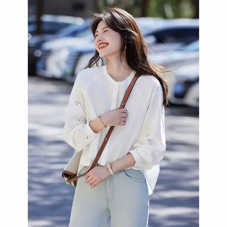 时尚气质长袖衬衫2025年春季新款女纯色百搭休闲镂空淑女上衣商品大图