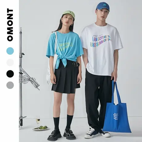 omont蛋挞家 复古开叉宽松短袖t恤女夏设计感印花盐酷情侣装上衣商品大图