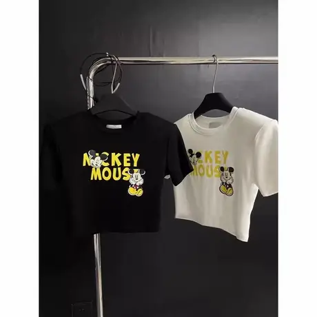 韩国东大门夏季新款修身减龄米奇卡通印花短袖垫肩T恤女短款上衣商品大图