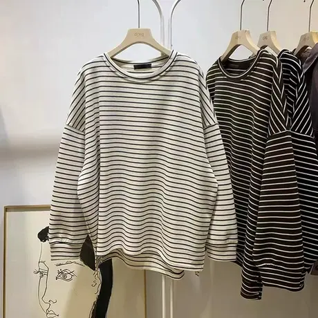 chic复古港味条纹圆领卫衣女春秋季薄款韩版宽松大码慵懒上衣T恤图片