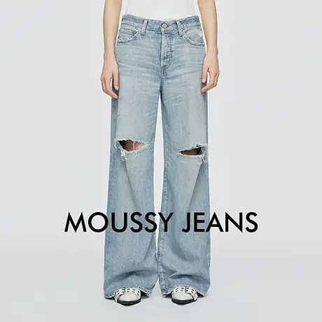 MOUSSY 2025夏季新品水洗破洞宽松直筒牛仔裤女010ISA11-2251图片