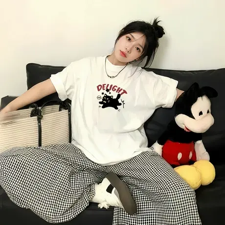 KMV真维斯正肩短袖t恤女2025新款夏季白色港风宽松纯棉显瘦上衣潮图片